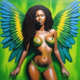 A polished oil-based painting featuring a full-body view of a sexy Black woman with dreadlocks, beautiful breasts, and vibrant green macaw wings