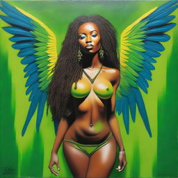 A polished oil-based painting featuring a full-body view of a sexy Black woman with dreadlocks, beautiful breasts, and vibrant green macaw wings