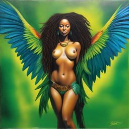 A polished oil-based painting featuring a full-body view of a sexy Black woman with dreadlocks, beautiful breasts, and vibrant green macaw wings