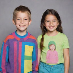 A young boy and a girl standing side by side. They are both smiling and dressed in colorful casual clothes.