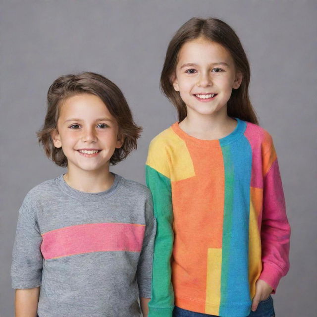 A young boy and a girl standing side by side. They are both smiling and dressed in colorful casual clothes.