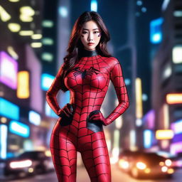 A hot Korean girl with a model physique dressed in Spiderwoman cosplay