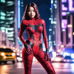 A hot Korean girl with a model physique dressed in Spiderwoman cosplay