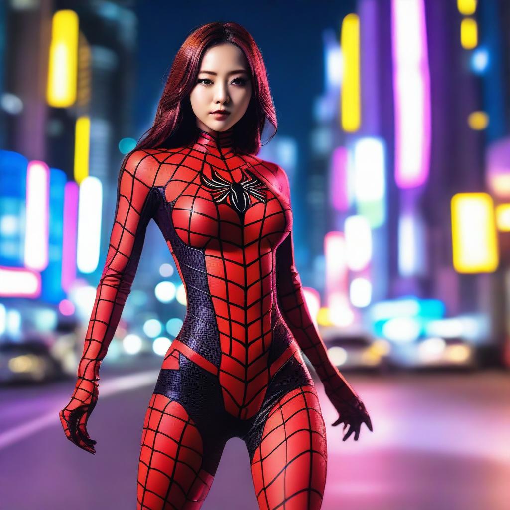 A hot Korean girl with a model physique dressed in Spiderwoman cosplay