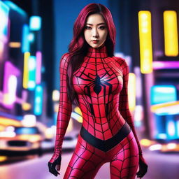 A hot Korean girl with a model physique dressed in Spiderwoman cosplay