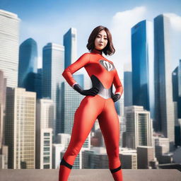 A hot Korean girl with a perfect face and model physique dressed in Elastigirl cosplay