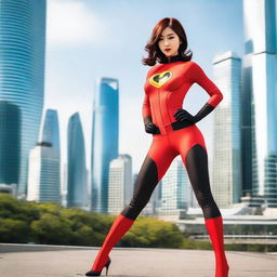 A hot Korean girl with a perfect face and model physique dressed in Elastigirl cosplay