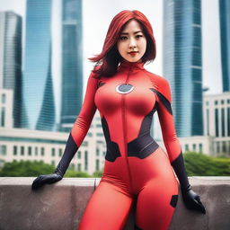 A hot Korean girl with a perfect face and model physique dressed in Elastigirl cosplay