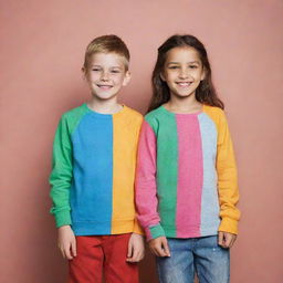 A young boy and a girl standing side by side. They are both smiling and dressed in colorful casual clothes.