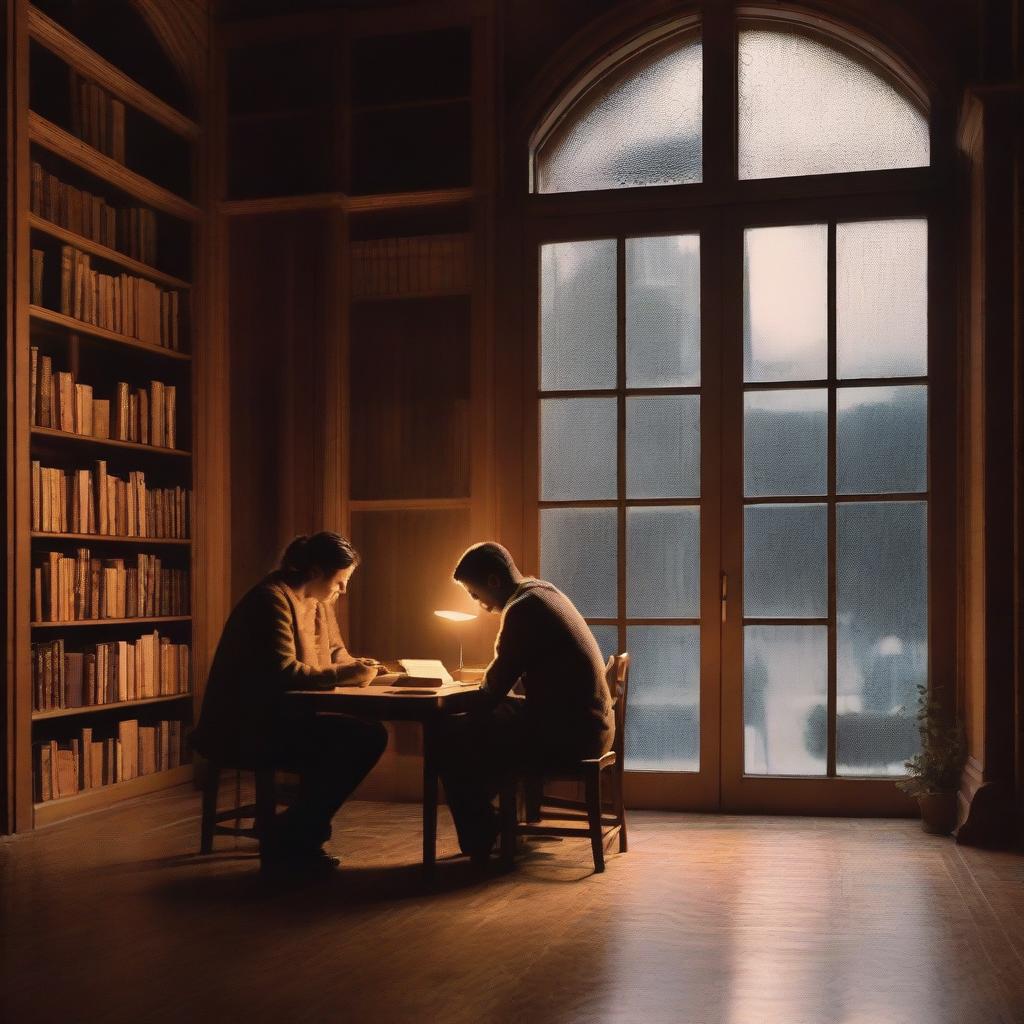 In a warm wooden library, seen through a large window covered in raindrops, a couple is engaged in a quiet and loving moment