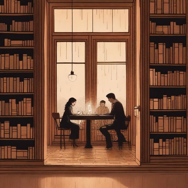 In a warm wooden library, seen through a large window covered in raindrops, a couple is engaged in a quiet and loving moment