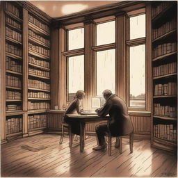 In a warm wooden library, seen through a large window covered in raindrops, a couple is engaged in a quiet and loving moment