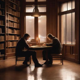 In a warm wooden library, seen through a large window covered in raindrops, a couple is engaged in a quiet and loving moment