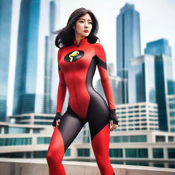 A hot Korean girl with a perfect face, model physique, and black hair dressed in Elastigirl cosplay