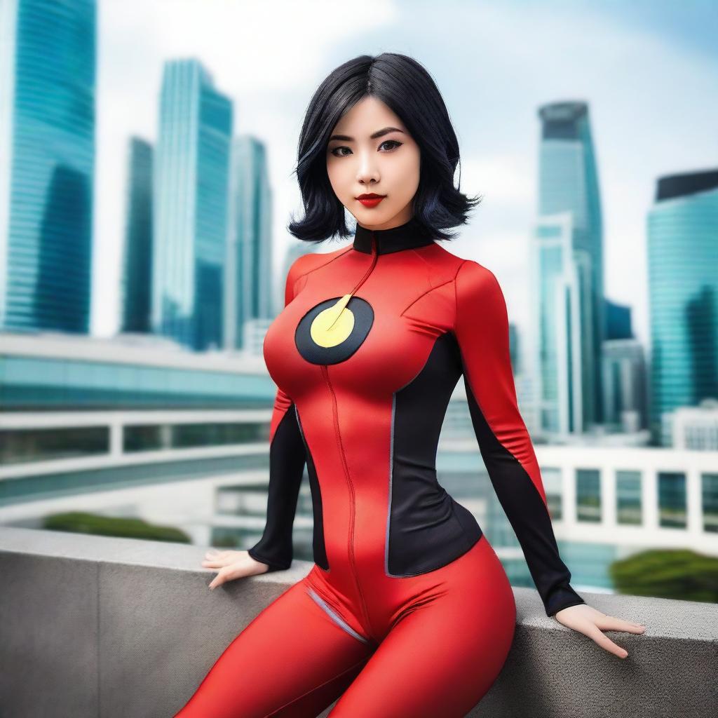 A hot Korean girl with a perfect face, model physique, and black hair dressed in Elastigirl cosplay