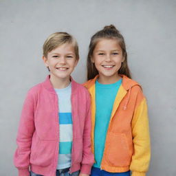 A young boy and a girl standing side by side. They are both smiling and dressed in colorful casual clothes.