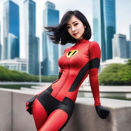 A hot Korean girl with a perfect face, model physique, and black hair dressed in Elastigirl cosplay