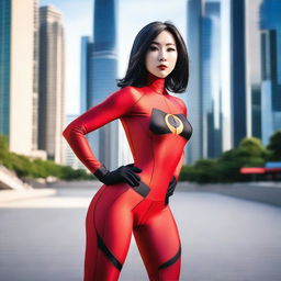 A hot Korean girl with a perfect face, model physique, and black hair dressed in Elastigirl cosplay