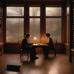 In a warm wooden library, seen through a large window covered in raindrops, a couple is engaged in a quiet and loving moment