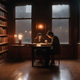 In a warm wooden library, seen through a large window covered in raindrops, a couple is engaged in a quiet and loving moment