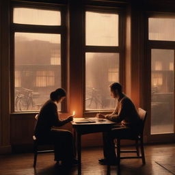 In a warm wooden library, seen through a large window covered in raindrops, a couple is engaged in a quiet and loving moment