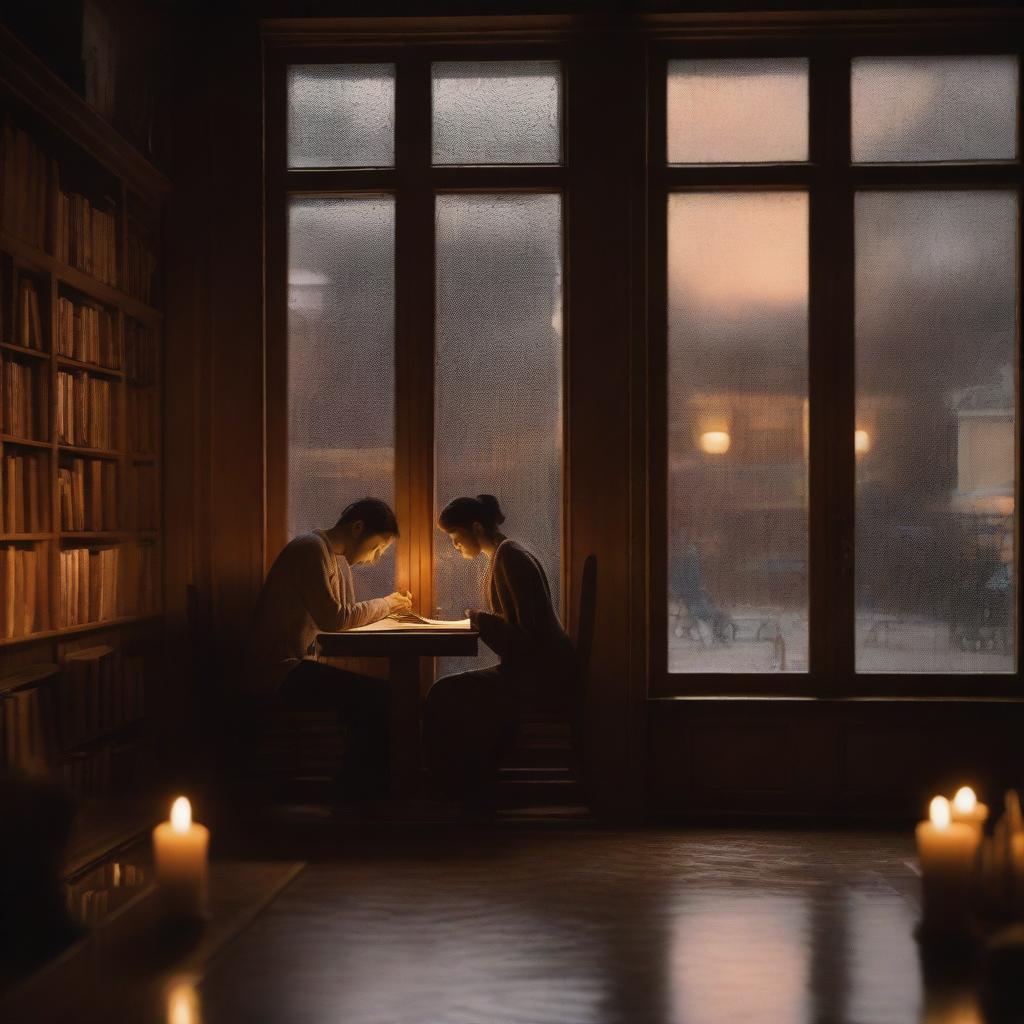 In a warm wooden library, seen through a large window covered in raindrops, a couple is engaged in a quiet and loving moment