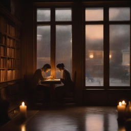 In a warm wooden library, seen through a large window covered in raindrops, a couple is engaged in a quiet and loving moment