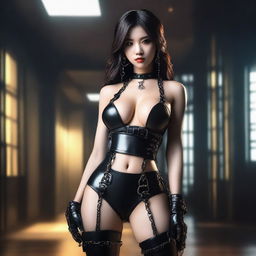 A hot Korean girl in BDSM clothing, with a confident and alluring expression