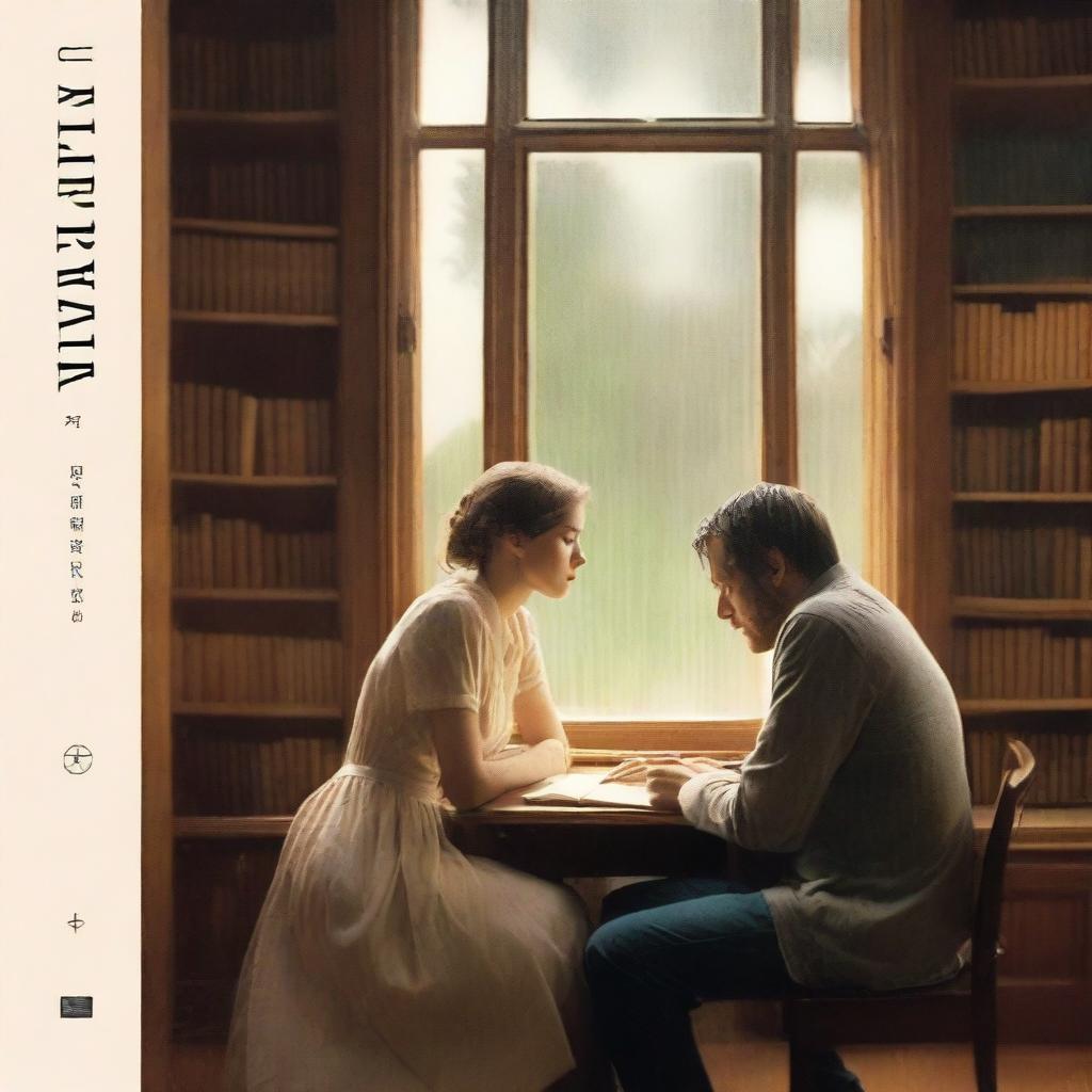 In a warm wooden library, seen through a large window covered in raindrops, a couple is engaged in a quiet and loving moment