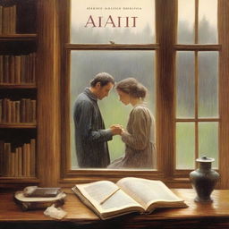 In a warm wooden library, seen through a large window covered in raindrops, a couple is engaged in a quiet and loving moment