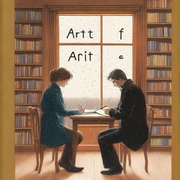 In a warm wooden library, seen through a large window covered in raindrops, a couple is engaged in a quiet and loving moment