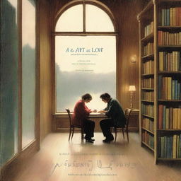 In a warm wooden library, seen through a large window covered in raindrops, a couple is engaged in a quiet and loving moment