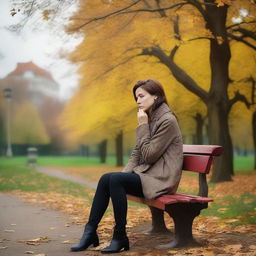 A sad woman sitting alone on a park bench, with a somber expression