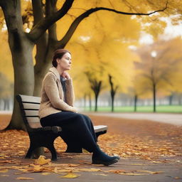 A sad woman sitting alone on a park bench, with a somber expression