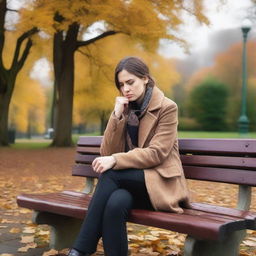 A sad woman sitting alone on a park bench, with a somber expression