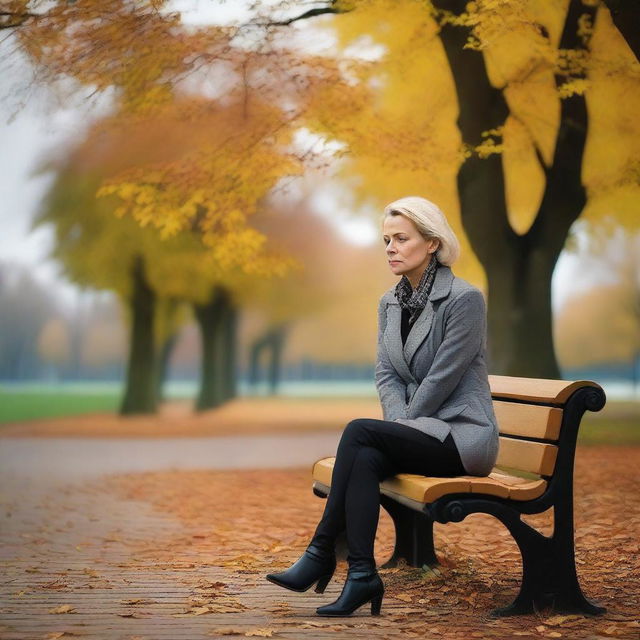 A sad woman sitting alone on a park bench, with a somber expression