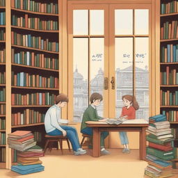 In a library seen from outside an open wooden window, a couple is visible