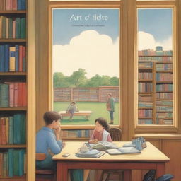 In a library seen from outside an open wooden window, a couple is visible