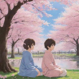 An anime girl and boy in a serene setting, surrounded by cherry blossom trees.