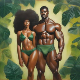 A polished, full-body oil-based painting of a sexy, muscular Black man holding a beautiful Black woman with an afro