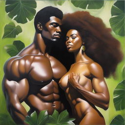 A polished, full-body oil-based painting of a sexy, muscular Black man holding a beautiful Black woman with an afro