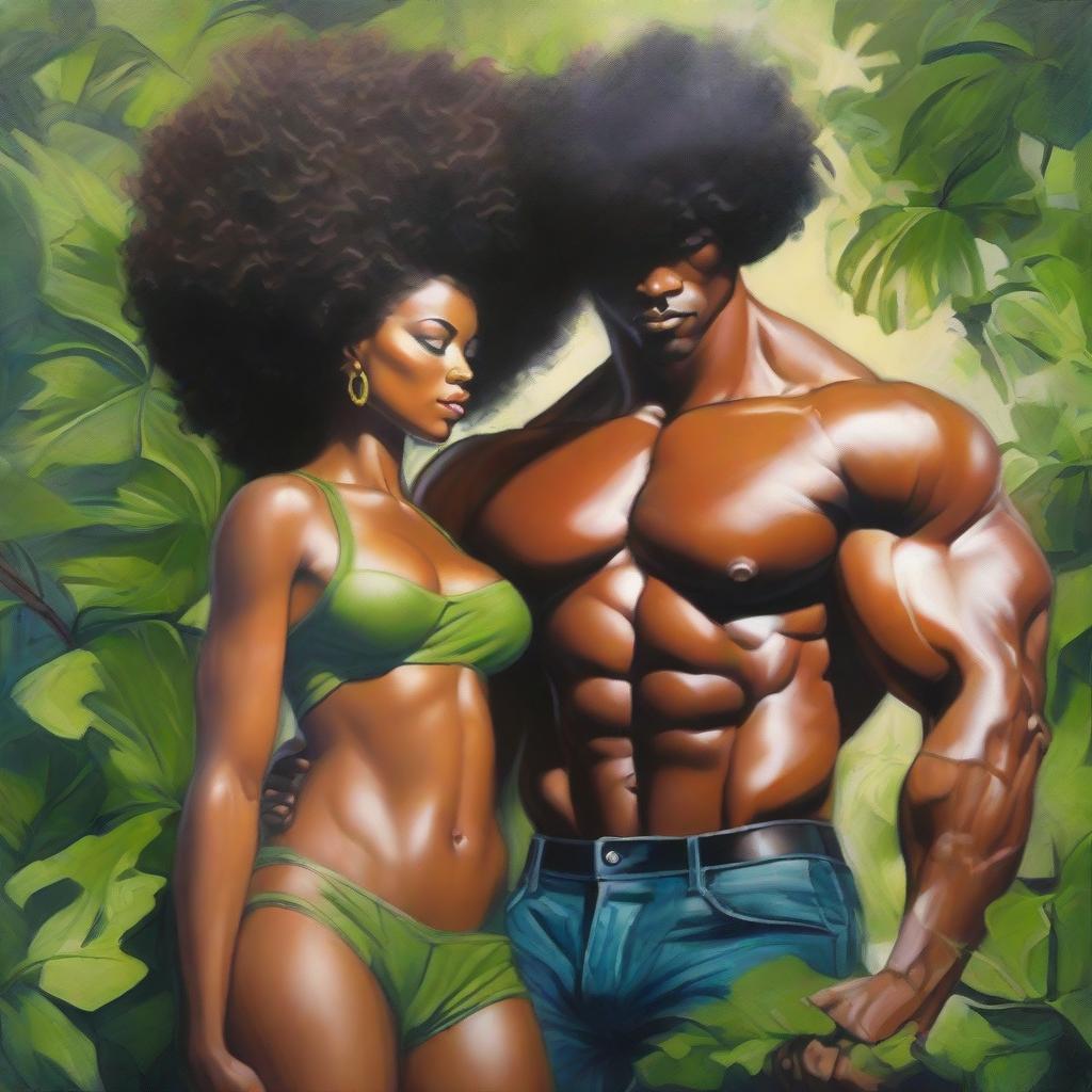 A polished, full-body oil-based painting of a sexy, muscular Black man holding a beautiful Black woman with an afro