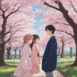 An anime girl and boy in a serene setting, surrounded by cherry blossom trees.