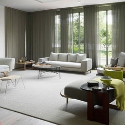 A modern living room interior, with contemporary furniture, wide open space, and sleek decor.