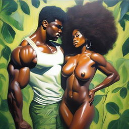 A polished, full-body oil-based painting of a sexy, muscular Black man holding a beautiful Black woman with an afro