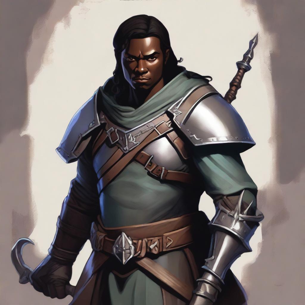 A human male character in a Dungeons and Dragons style, with dark hair and black skin tone