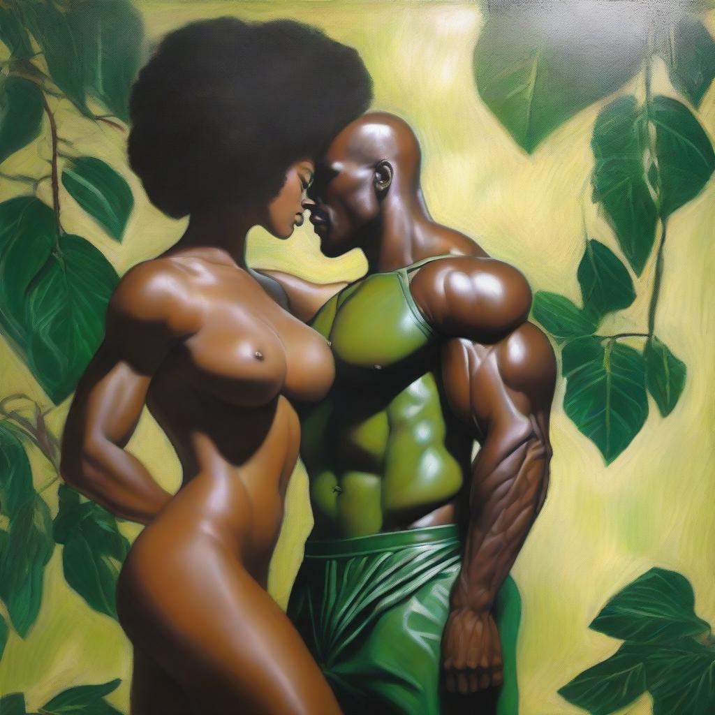 A polished oil-based painting depicting a full-body view of a sexy, bald-headed Black muscular man holding a beautiful Black woman with an afro