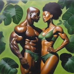 A polished oil-based painting depicting a full-body view of a sexy, bald-headed Black muscular man holding a beautiful Black woman with an afro