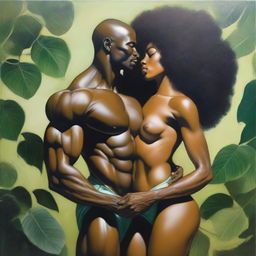 A polished oil-based painting depicting a full-body view of a sexy, bald-headed Black muscular man holding a beautiful Black woman with an afro