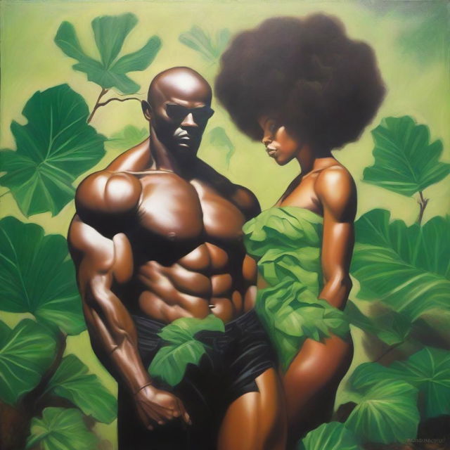 A polished oil-based painting depicting a full-body view of a sexy, bald-headed Black muscular man holding a beautiful Black woman with an afro